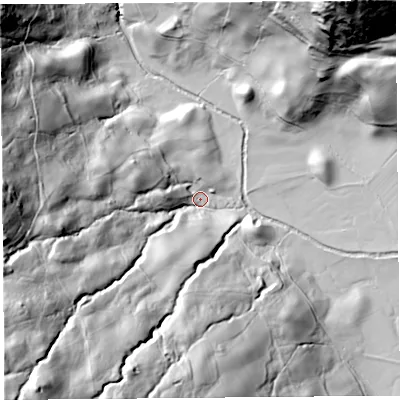 Shaded relief map of the ground around LA89BE, computed from Environment Agency LiDAR. The ground here sits at about 180 m above sea level and falls 151 m across the surrounding 800 m. Surface water reaching this point runs off ground lying to the south-west, 140.7 m higher.