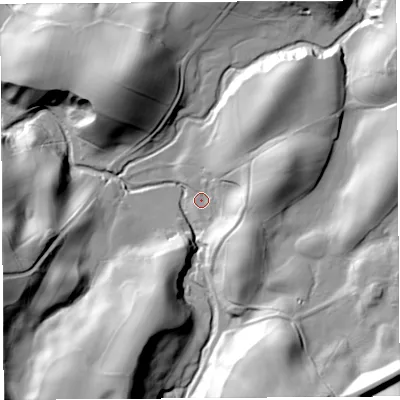 Shaded relief map of the ground around LA89BL, computed from Environment Agency LiDAR. The ground here sits at about 117 m above sea level and falls 49 m across the surrounding 800 m. Surface water reaching this point runs off ground lying to the east, 22.3 m higher.