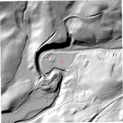 Shaded relief map of the ground around LA89DL, computed from Environment Agency LiDAR. The ground here sits at about 82 m above sea level and falls 88 m across the surrounding 800 m. Surface water reaching this point runs off ground lying to the east-south-east, 60.6 m higher.