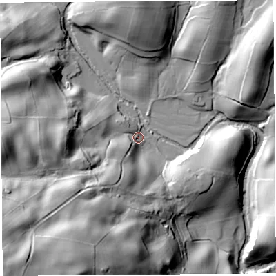 Shaded relief map of the ground around LA89DX, computed from Environment Agency LiDAR. The ground here sits at about 120 m above sea level and falls 79 m across the surrounding 800 m. Surface water reaching this point runs off ground lying to the south-west, 65.1 m higher.