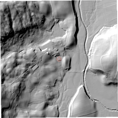 Shaded relief map of the ground around LA89EW, computed from Environment Agency LiDAR. The ground here sits at about 143 m above sea level and falls 74 m across the surrounding 800 m. Surface water reaching this point runs off ground lying to the west-north-west, 12.9 m higher.