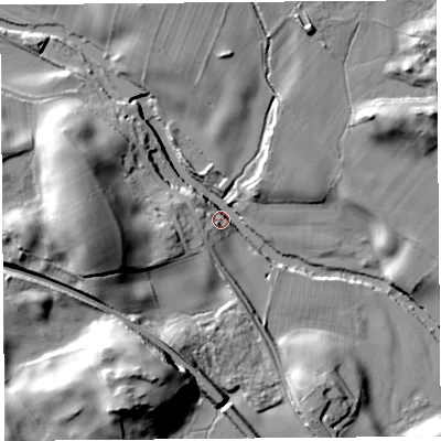 Shaded relief map of the ground around LA89HD, computed from Environment Agency LiDAR. The ground here sits at about 62 m above sea level and falls 32 m across the surrounding 800 m. Surface water reaching this point runs off ground lying to the west, 28.8 m higher.
