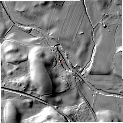Shaded relief map of the ground around LA89HJ, computed from Environment Agency LiDAR. The ground here sits at about 62 m above sea level and falls 31 m across the surrounding 800 m. Surface water reaching this point runs off ground lying to the south-west, 27.9 m higher.