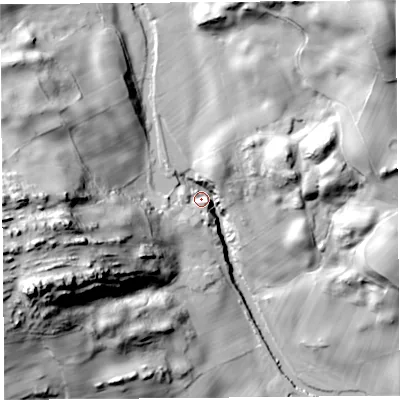 Shaded relief map of the ground around LA89HL, computed from Environment Agency LiDAR. The ground here sits at about 72 m above sea level and falls 67 m across the surrounding 800 m. Surface water reaching this point runs off ground lying to the west, 63.8 m higher.