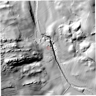 Shaded relief map of the ground around LA89HN, computed from Environment Agency LiDAR. The ground here sits at about 74 m above sea level and falls 67 m across the surrounding 800 m. Surface water reaching this point runs off ground lying to the west-north-west, 2.8 m higher.