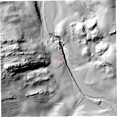Shaded relief map of the ground around LA89HQ, computed from Environment Agency LiDAR. The ground here sits at about 74 m above sea level and falls 68 m across the surrounding 800 m. Surface water reaching this point runs off ground lying to the west, 57.8 m higher.