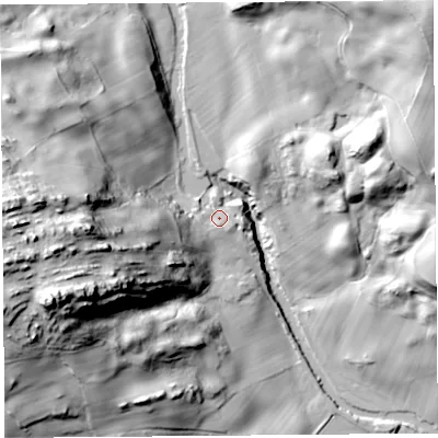 Shaded relief map of the ground around LA89HX, computed from Environment Agency LiDAR. The ground here sits at about 74 m above sea level and falls 68 m across the surrounding 800 m. Surface water reaching this point runs off ground lying to the west-south-west, 22.8 m higher.