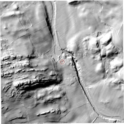 Shaded relief map of the ground around LA89HY, computed from Environment Agency LiDAR. The ground here sits at about 75 m above sea level and falls 70 m across the surrounding 800 m. Surface water reaching this point runs off ground lying to the west-south-west, 35.5 m higher.
