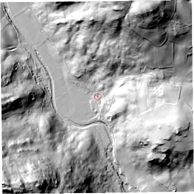 Shaded relief map of the ground around LA89JF, computed from Environment Agency LiDAR. The ground here sits at about 117 m above sea level and falls 161 m across the surrounding 800 m. Surface water reaching this point runs off ground lying to the north-north-east, 107.7 m higher.