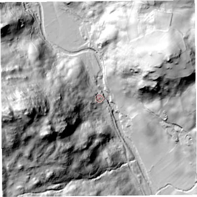 Shaded relief map of the ground around LA89JG, computed from Environment Agency LiDAR. The ground here sits at about 114 m above sea level and falls 156 m across the surrounding 800 m. Surface water reaching this point runs off ground lying to the west, 143.8 m higher.