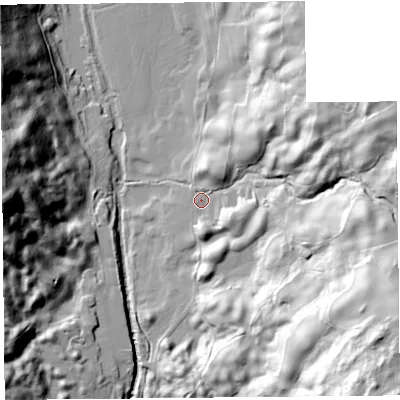 Shaded relief map of the ground around LA89JJ, computed from Environment Agency LiDAR. The ground here sits at about 156 m above sea level and falls 78 m across the surrounding 800 m. Surface water reaching this point runs off ground lying to the east-north-east, 54.5 m higher.