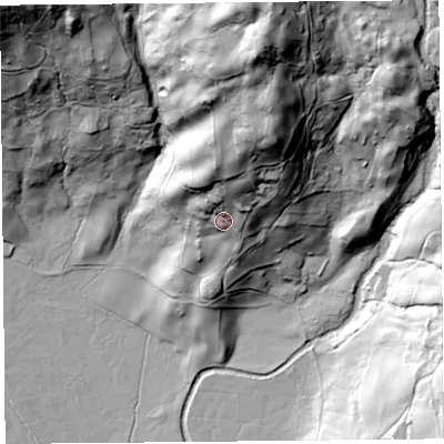 Shaded relief map of the ground around LA89JL, computed from Environment Agency LiDAR. The ground here sits at about 190 m above sea level and falls 100 m across the surrounding 800 m. Surface water reaching this point runs off ground lying to the north, 57.9 m higher.