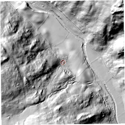 Shaded relief map of the ground around LA89JQ, computed from Environment Agency LiDAR. The ground here sits at about 131 m above sea level and falls 146 m across the surrounding 800 m. Surface water reaching this point runs off ground lying to the west-south-west, 120.7 m higher.