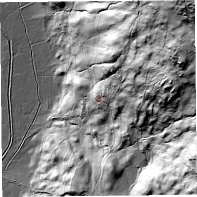 Shaded relief map of the ground around LA89JW, computed from Environment Agency LiDAR. The ground here sits at about 255 m above sea level and falls 231 m across the surrounding 800 m. Surface water reaching this point runs off ground lying to the east-north-east, 23.4 m higher.