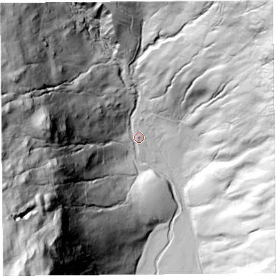 Shaded relief map of the ground around LA89JZ, computed from Environment Agency LiDAR. The ground here sits at about 264 m above sea level and falls 207 m across the surrounding 800 m. Surface water reaching this point runs off ground lying to the west, 137.4 m higher.