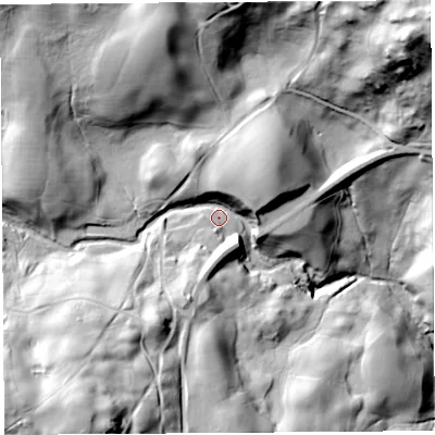 Shaded relief map of the ground around LA89LE, computed from Environment Agency LiDAR. The ground here sits at about 193 m above sea level and falls 107 m across the surrounding 800 m. Surface water reaching this point runs off ground lying to the south-west, 58.0 m higher.