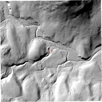 Shaded relief map of the ground around LA89LG, computed from Environment Agency LiDAR. The ground here sits at about 289 m above sea level and falls 136 m across the surrounding 800 m. Surface water reaching this point runs off ground lying to the south-west, 84.0 m higher.