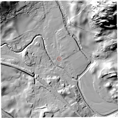 Shaded relief map of the ground around LA89LN, computed from Environment Agency LiDAR. The ground here sits at about 94 m above sea level and falls 109 m across the surrounding 800 m. Surface water reaching this point runs off ground lying to the north, 4.2 m higher.
