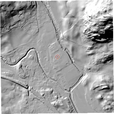 Shaded relief map of the ground around LA89LR, computed from Environment Agency LiDAR. The ground here sits at about 97 m above sea level and falls 113 m across the surrounding 800 m. Surface water reaching this point runs off ground lying to the north, 1.1 m higher.