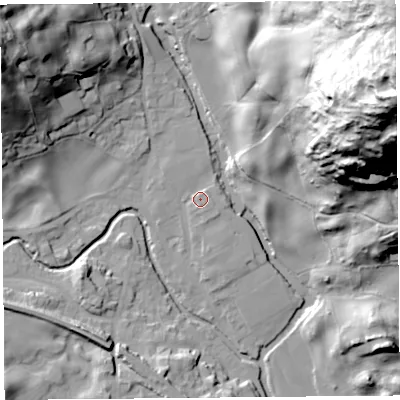Shaded relief map of the ground around LA89LT, computed from Environment Agency LiDAR. The ground here sits at about 97 m above sea level and falls 109 m across the surrounding 800 m. Surface water reaching this point runs off ground lying to the north, 1.5 m higher.