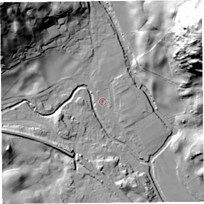 Shaded relief map of the ground around LA89LU, computed from Environment Agency LiDAR. The ground here sits at about 95 m above sea level and falls 92 m across the surrounding 800 m. Surface water reaching this point runs off ground lying to the north-north-west, 2.1 m higher.