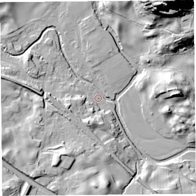 Shaded relief map of the ground around LA89LW, computed from Environment Agency LiDAR. The ground here sits at about 93 m above sea level and falls 70 m across the surrounding 800 m. Surface water reaching this point runs off ground lying to the west-south-west, 21.4 m higher.