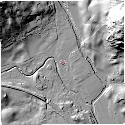 Shaded relief map of the ground around LA89LX, computed from Environment Agency LiDAR. The ground here sits at about 96 m above sea level and falls 92 m across the surrounding 800 m. Surface water reaching this point runs off ground lying to the north-north-west, 1.6 m higher.