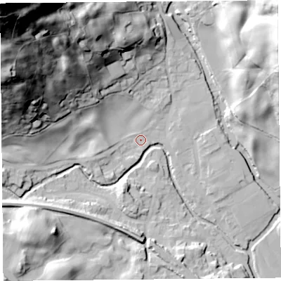 Shaded relief map of the ground around LA89LY, computed from Environment Agency LiDAR. The ground here sits at about 96 m above sea level and falls 114 m across the surrounding 800 m. Surface water reaching this point runs off ground lying to the north-west, 107.7 m higher.