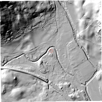Shaded relief map of the ground around LA89LZ, computed from Environment Agency LiDAR. The ground here sits at about 95 m above sea level and falls 89 m across the surrounding 800 m. Surface water reaching this point runs off ground lying to the west-north-west, 64.2 m higher.