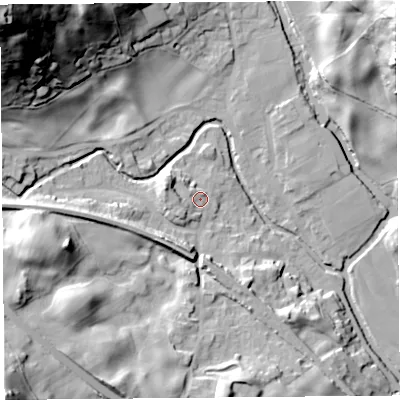 Shaded relief map of the ground around LA89NB, computed from Environment Agency LiDAR. The ground here sits at about 97 m above sea level and falls 71 m across the surrounding 800 m. Surface water reaching this point runs off ground lying to the west-north-west, 6.7 m higher.