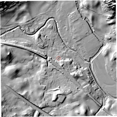 Shaded relief map of the ground around LA89NE, computed from Environment Agency LiDAR. The ground here sits at about 98 m above sea level and falls 68 m across the surrounding 800 m. Surface water reaching this point runs off ground lying to the south-south-east, 5.5 m higher.