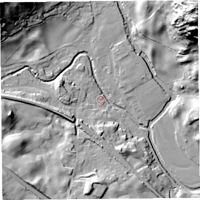 Shaded relief map of the ground around LA89NF, computed from Environment Agency LiDAR. The ground here sits at about 94 m above sea level and falls 87 m across the surrounding 800 m. Surface water reaching this point runs off ground lying to the north-west, 45.0 m higher.