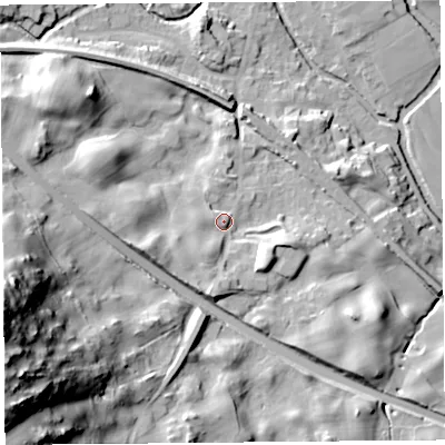 Shaded relief map of the ground around LA89NG, computed from Environment Agency LiDAR. The ground here sits at about 105 m above sea level and falls 77 m across the surrounding 800 m. Surface water reaching this point runs off ground lying to the south, 7.7 m higher.
