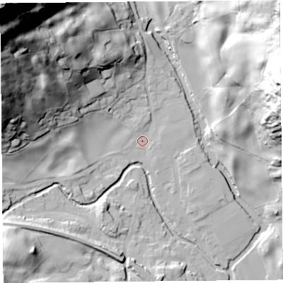 Shaded relief map of the ground around LA89NS, computed from Environment Agency LiDAR. The ground here sits at about 96 m above sea level and falls 115 m across the surrounding 800 m. Surface water reaching this point runs off ground lying to the north-west, 57.9 m higher.