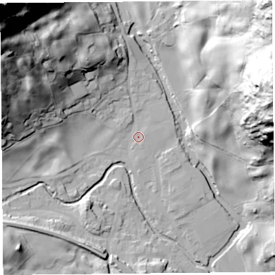 Shaded relief map of the ground around LA89NT, computed from Environment Agency LiDAR. The ground here sits at about 96 m above sea level and falls 121 m across the surrounding 800 m. Surface water reaching this point runs off ground lying to the north-west, 56.6 m higher.
