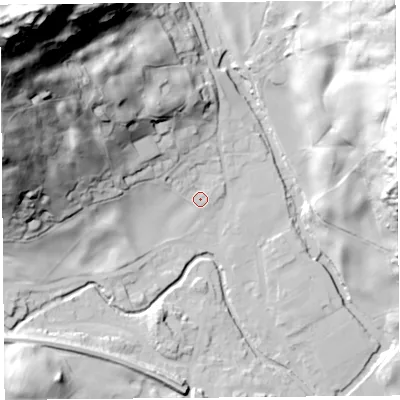 Shaded relief map of the ground around LA89NU, computed from Environment Agency LiDAR. The ground here sits at about 97 m above sea level and falls 123 m across the surrounding 800 m. Surface water reaching this point runs off ground lying to the north-west, 56.8 m higher.