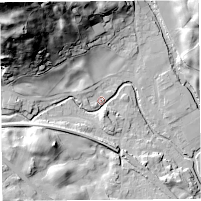 Shaded relief map of the ground around LA89NW, computed from Environment Agency LiDAR. The ground here sits at about 97 m above sea level and falls 92 m across the surrounding 800 m. Surface water reaching this point runs off ground lying to the north-west, 73.0 m higher.