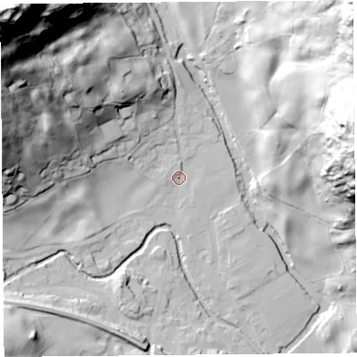 Shaded relief map of the ground around LA89NX, computed from Environment Agency LiDAR. The ground here sits at about 97 m above sea level and falls 123 m across the surrounding 800 m. Surface water reaching this point runs off ground lying to the north-west, 56.6 m higher.
