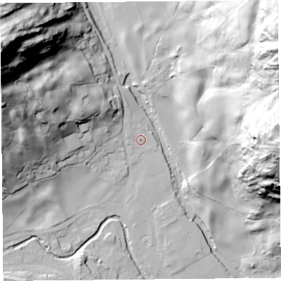 Shaded relief map of the ground around LA89NZ, computed from Environment Agency LiDAR. The ground here sits at about 98 m above sea level and falls 116 m across the surrounding 800 m. Surface water reaching this point runs off ground lying to the north-north-west, 2.5 m higher.