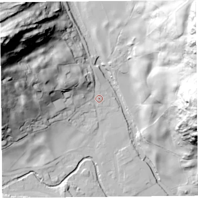 Shaded relief map of the ground around LA89PA, computed from Environment Agency LiDAR. The ground here sits at about 99 m above sea level and falls 122 m across the surrounding 800 m. Surface water reaching this point runs off ground lying to the west-north-west, 21.1 m higher.