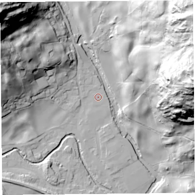 Shaded relief map of the ground around LA89PB, computed from Environment Agency LiDAR. The ground here sits at about 98 m above sea level and falls 111 m across the surrounding 800 m. Surface water reaching this point runs off ground lying to the north, 0.6 m higher.