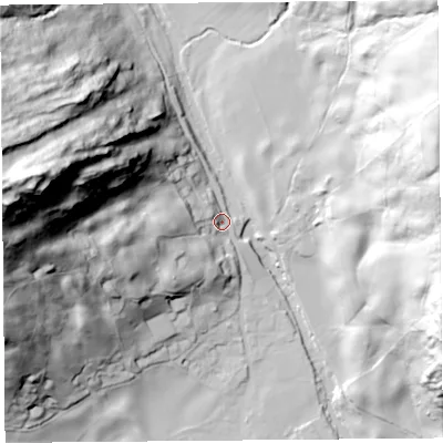 Shaded relief map of the ground around LA89PF, computed from Environment Agency LiDAR. The ground here sits at about 102 m above sea level and falls 119 m across the surrounding 800 m. Surface water reaching this point runs off ground lying to the west, 28.1 m higher.