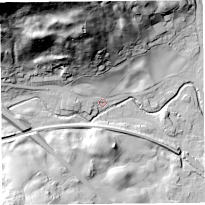 Shaded relief map of the ground around LA89PL, computed from Environment Agency LiDAR. The ground here sits at about 101 m above sea level and falls 108 m across the surrounding 800 m. Surface water reaching this point runs off ground lying to the north-north-west, 86.0 m higher.