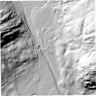 Shaded relief map of the ground around LA89PQ, computed from Environment Agency LiDAR. The ground here sits at about 104 m above sea level and falls 110 m across the surrounding 800 m. Surface water reaching this point runs off ground lying to the north-east, 8.4 m higher.
