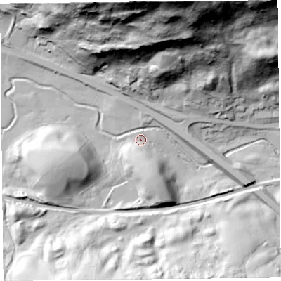 Shaded relief map of the ground around LA89PS, computed from Environment Agency LiDAR. The ground here sits at about 112 m above sea level and falls 117 m across the surrounding 800 m. Surface water reaching this point runs off ground lying to the south-south-east, 16.6 m higher.