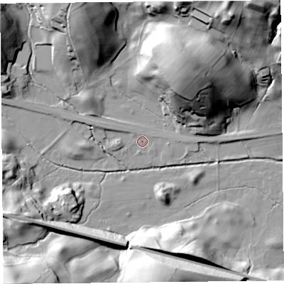 Shaded relief map of the ground around LA89PY, computed from Environment Agency LiDAR. The ground here sits at about 117 m above sea level and falls 45 m across the surrounding 800 m. Surface water reaching this point runs off ground lying to the west-north-west, 4.0 m higher.