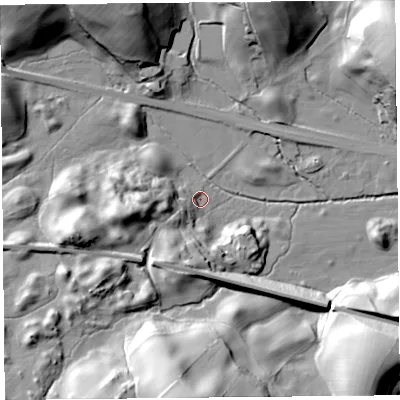 Shaded relief map of the ground around LA89PZ, computed from Environment Agency LiDAR. The ground here sits at about 119 m above sea level and falls 49 m across the surrounding 800 m. Surface water reaching this point runs off ground lying to the west, 20.7 m higher.