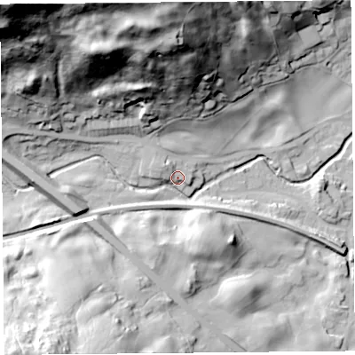 Shaded relief map of the ground around LA89QH, computed from Environment Agency LiDAR. The ground here sits at about 104 m above sea level and falls 103 m across the surrounding 800 m. Surface water reaching this point runs off ground lying to the north-west, 3.3 m higher.