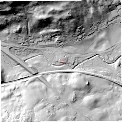 Shaded relief map of the ground around LA89QJ, computed from Environment Agency LiDAR. The ground here sits at about 107 m above sea level and falls 106 m across the surrounding 800 m. Surface water reaching this point runs off ground lying to the north, 2.8 m higher.