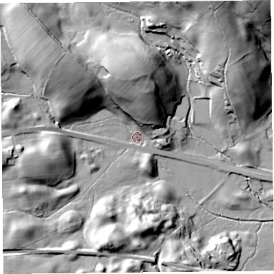 Shaded relief map of the ground around LA89QQ, computed from Environment Agency LiDAR. The ground here sits at about 123 m above sea level and falls 50 m across the surrounding 800 m. Surface water reaching this point runs off ground lying to the north-west, 30.7 m higher.